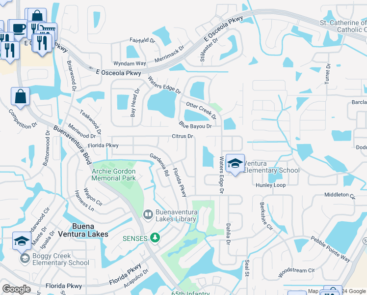 map of restaurants, bars, coffee shops, grocery stores, and more near 288 Valencia Avenue in Kissimmee