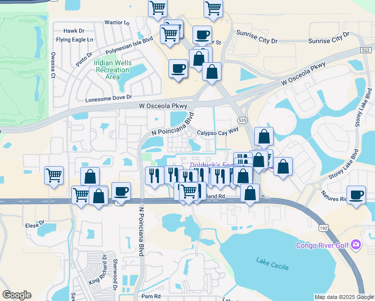 map of restaurants, bars, coffee shops, grocery stores, and more near 5000 Mangrove Alley in Kissimmee