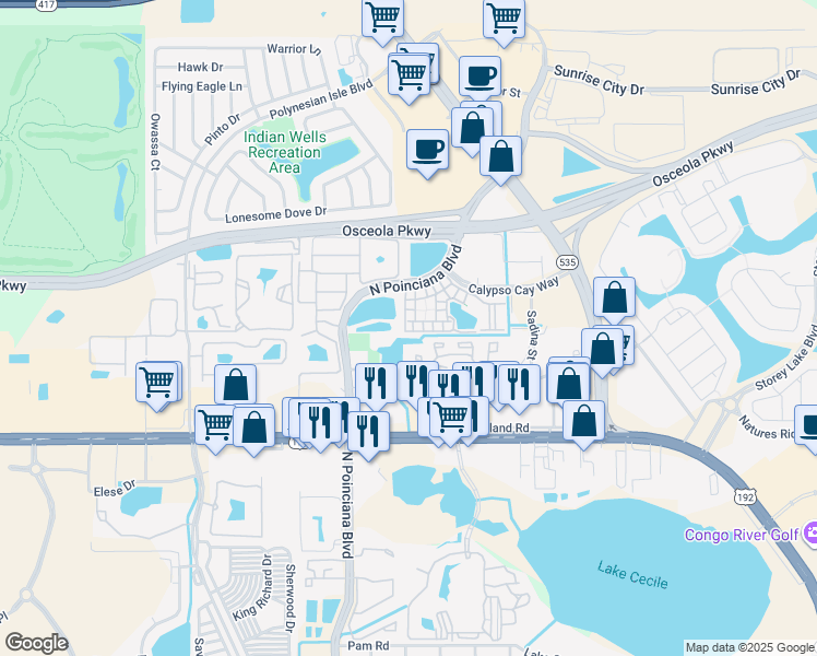 map of restaurants, bars, coffee shops, grocery stores, and more near 5008 Mangrove Alley in Kissimmee