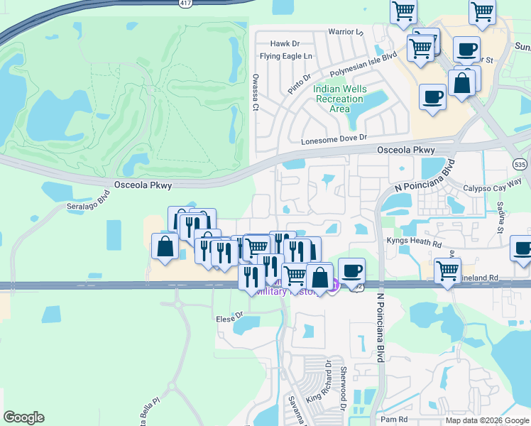 map of restaurants, bars, coffee shops, grocery stores, and more near 2941 Lucayan Harbour Circle in Kissimmee