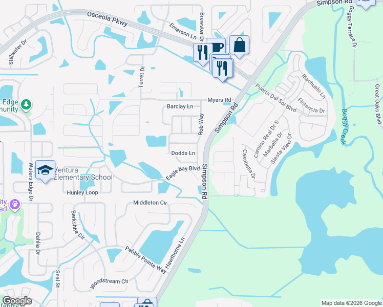 map of restaurants, bars, coffee shops, grocery stores, and more near 2748 Dodds Lane in Buena Ventura Lakes
