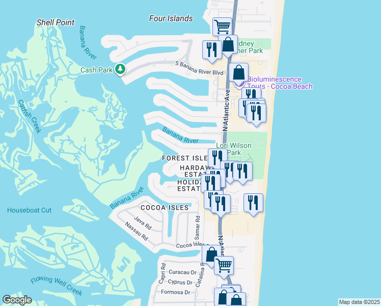 map of restaurants, bars, coffee shops, grocery stores, and more near 174 Antigua Drive in Cocoa Beach