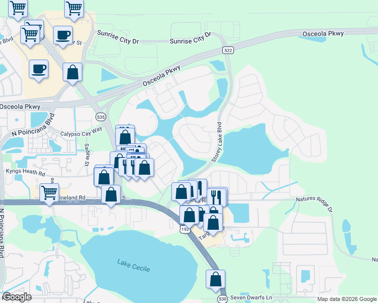 map of restaurants, bars, coffee shops, grocery stores, and more near 4787 Kings Castle Circle in Kissimmee