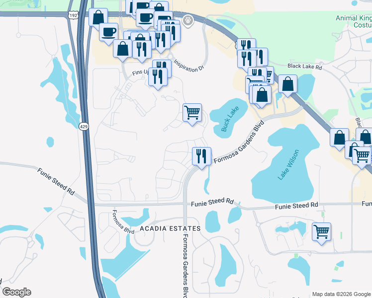 map of restaurants, bars, coffee shops, grocery stores, and more near 8036 Dreamsicle Drive in Kissimmee