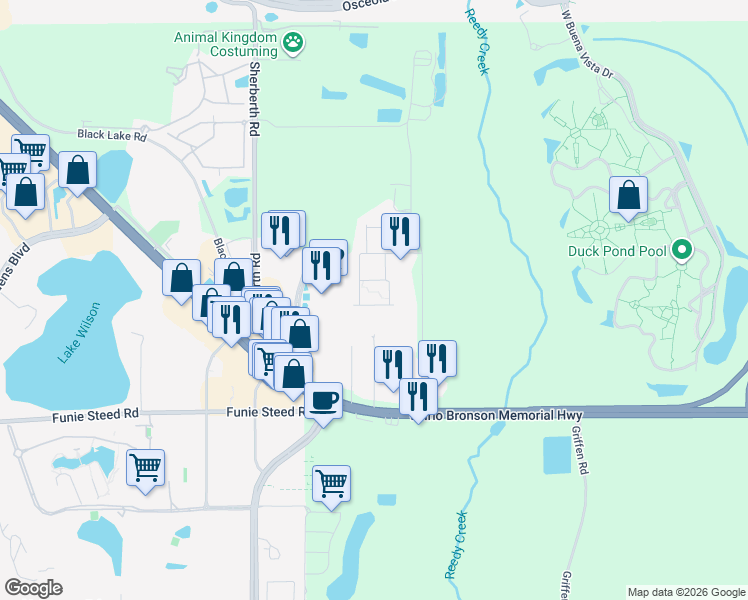 map of restaurants, bars, coffee shops, grocery stores, and more near 7538 Brooklyn Drive in Kissimmee