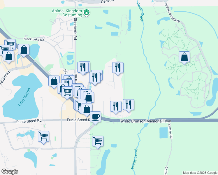 map of restaurants, bars, coffee shops, grocery stores, and more near 7538 Brooklyn Drive in Kissimmee