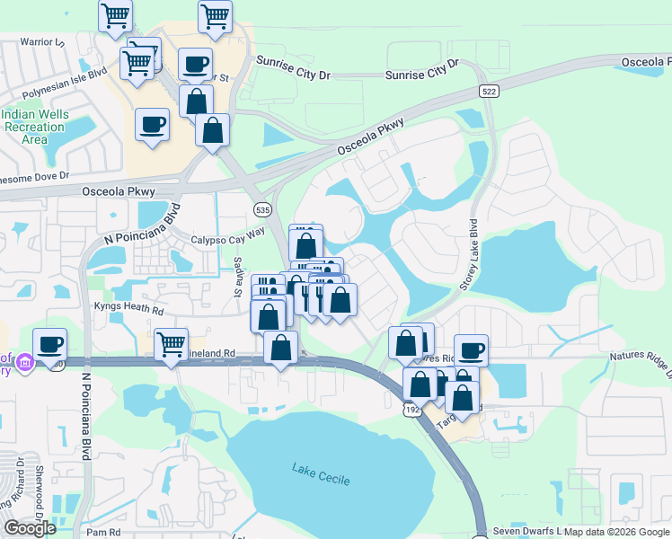 map of restaurants, bars, coffee shops, grocery stores, and more near 4828 Love Storey Lane in Kissimmee