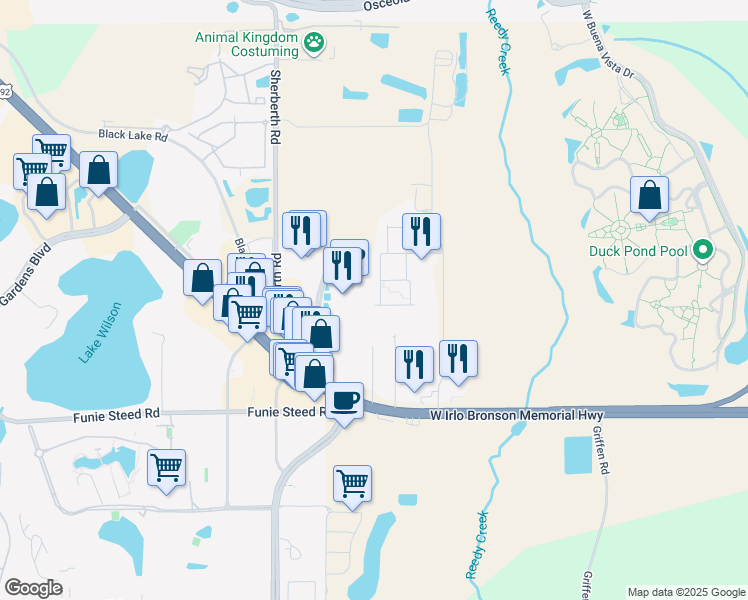 map of restaurants, bars, coffee shops, grocery stores, and more near 7538 Brooklyn Drive in Kissimmee