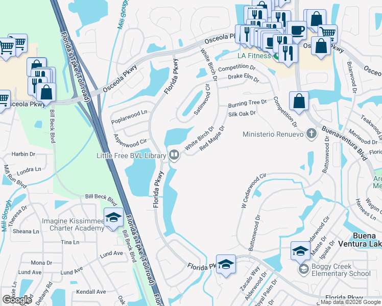 map of restaurants, bars, coffee shops, grocery stores, and more near 202 Red Maple Drive in Kissimmee