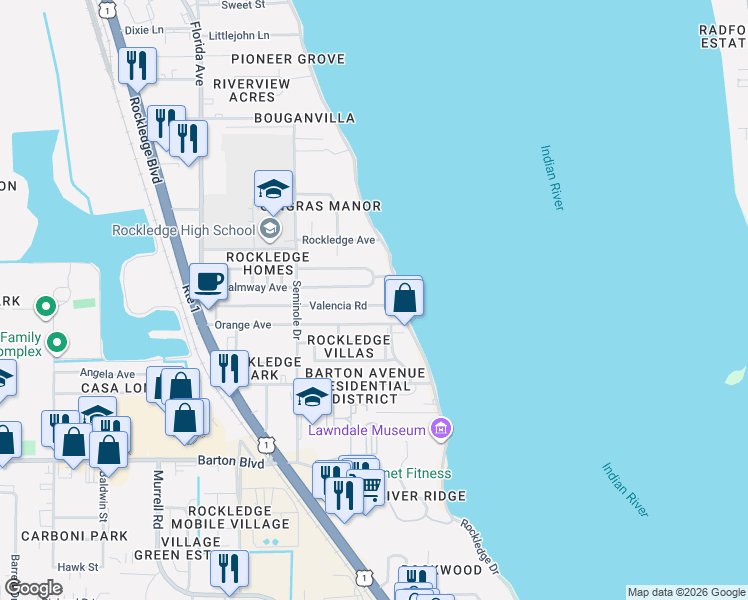 map of restaurants, bars, coffee shops, grocery stores, and more near 7 Valencia Road in Rockledge