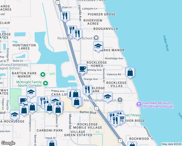 map of restaurants, bars, coffee shops, grocery stores, and more near 125 Valencia Road in Rockledge