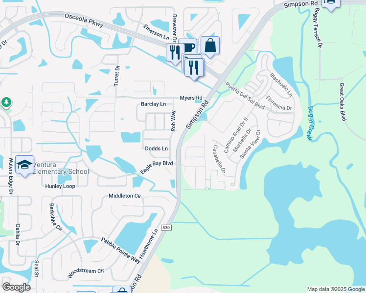 map of restaurants, bars, coffee shops, grocery stores, and more near 2965 Tomorrow Drive in Kissimmee