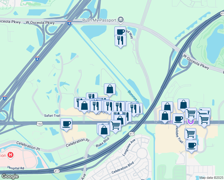 map of restaurants, bars, coffee shops, grocery stores, and more near 2995 Mallory Circle in Kissimmee