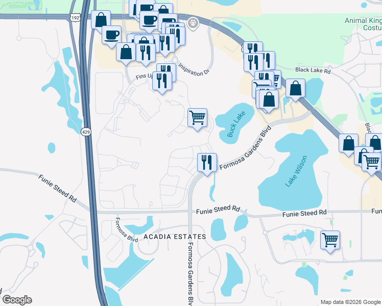 map of restaurants, bars, coffee shops, grocery stores, and more near 8036 Dreamsicle Drive in Kissimmee