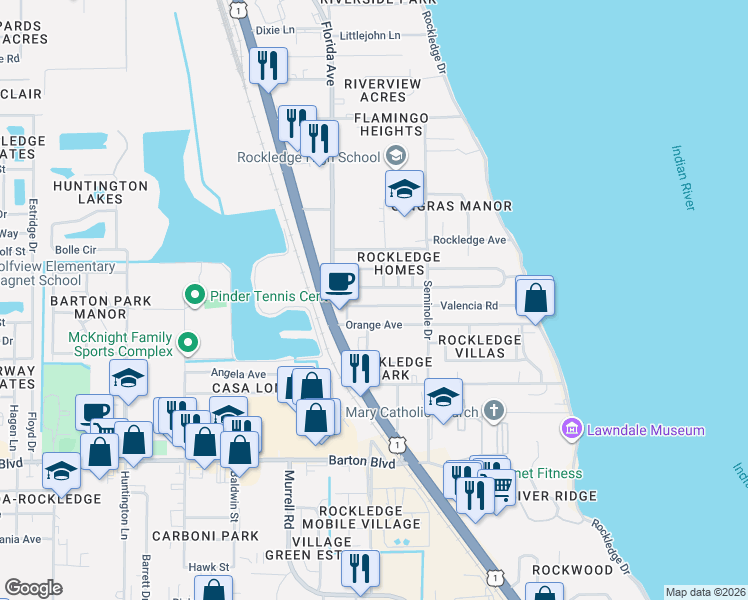 map of restaurants, bars, coffee shops, grocery stores, and more near 125 Valencia Road in Rockledge
