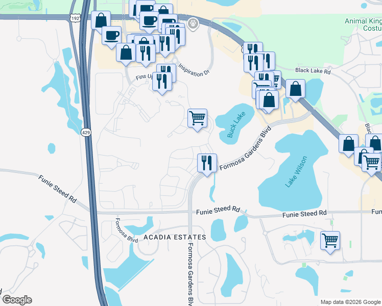 map of restaurants, bars, coffee shops, grocery stores, and more near 8036 Dreamsicle Drive in Kissimmee