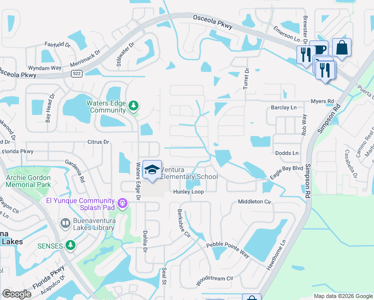 map of restaurants, bars, coffee shops, grocery stores, and more near 2575 Tanner Terrace in Kissimmee