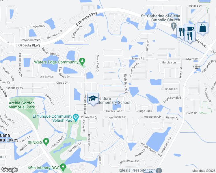 map of restaurants, bars, coffee shops, grocery stores, and more near 2531 Tanner Terrace in Kissimmee