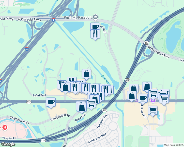 map of restaurants, bars, coffee shops, grocery stores, and more near 2995 Mallory Circle in Kissimmee