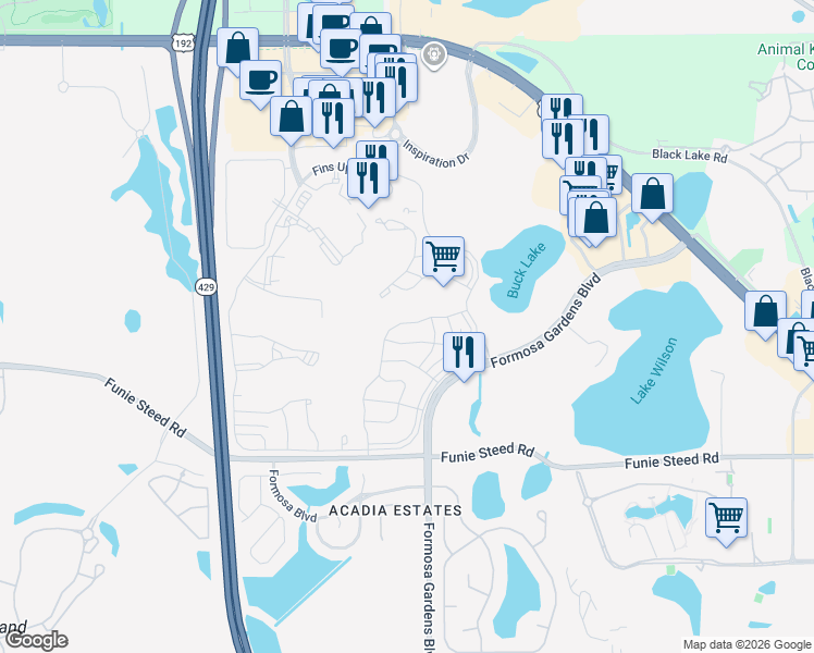 map of restaurants, bars, coffee shops, grocery stores, and more near 8036 Dreamsicle Drive in Kissimmee