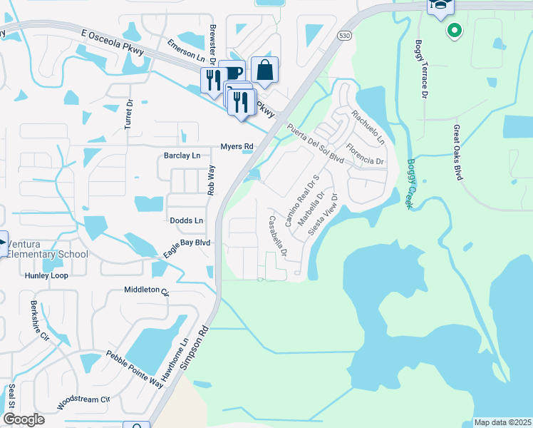 map of restaurants, bars, coffee shops, grocery stores, and more near 2947 Casabella Drive in Kissimmee