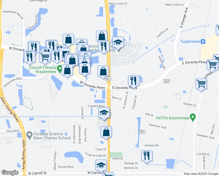 map of restaurants, bars, coffee shops, grocery stores, and more near 3175 North Orange Blossom Trail in Kissimmee