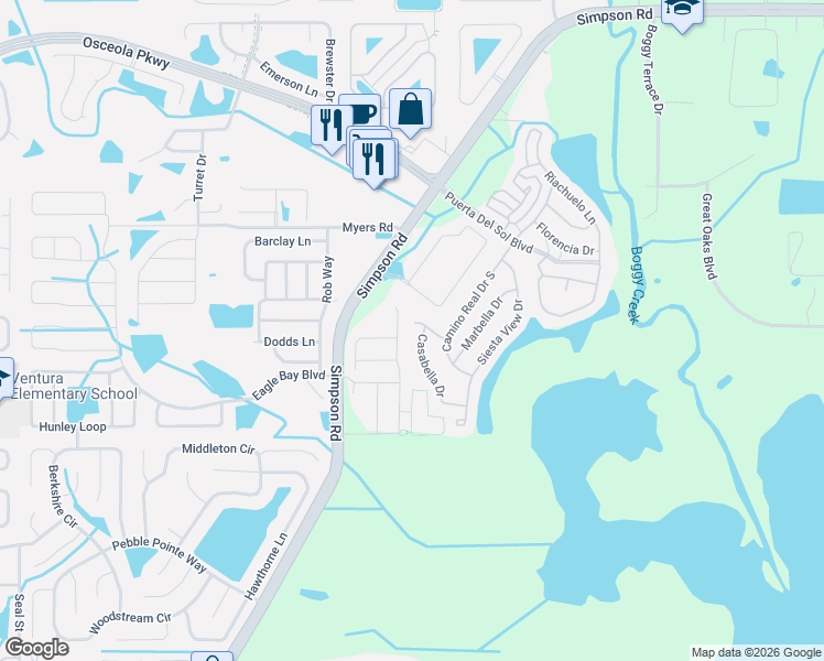 map of restaurants, bars, coffee shops, grocery stores, and more near 2800 Via Largo Court in Kissimmee