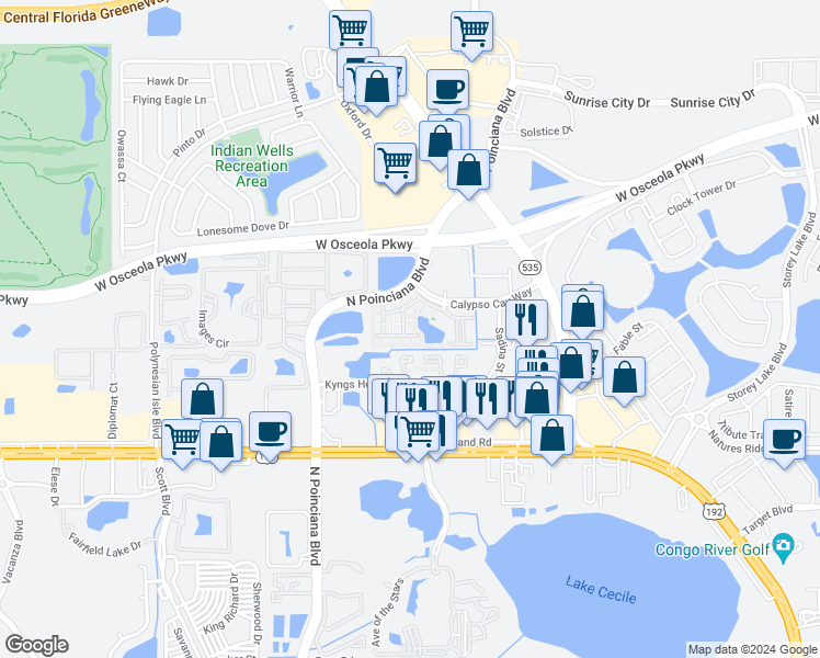 map of restaurants, bars, coffee shops, grocery stores, and more near 3003 Limbo Lane in Kissimmee
