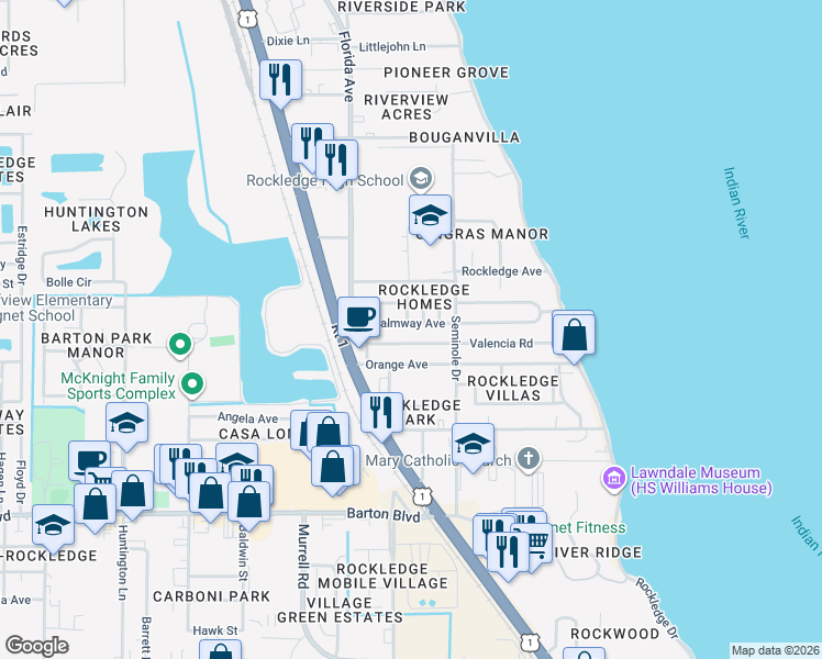 map of restaurants, bars, coffee shops, grocery stores, and more near 125 Valencia Road in Rockledge