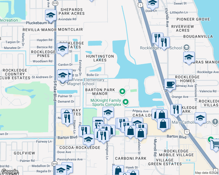 map of restaurants, bars, coffee shops, grocery stores, and more near 1300 Huntington Lane in Rockledge