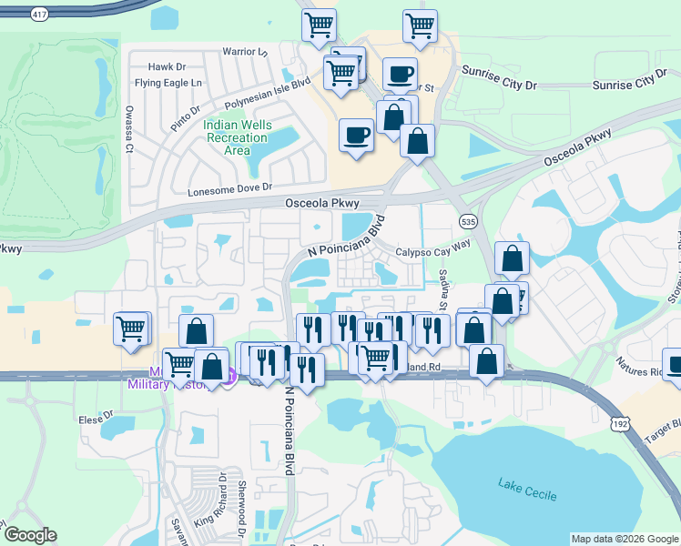 map of restaurants, bars, coffee shops, grocery stores, and more near 5008 Mangrove Alley in Kissimmee