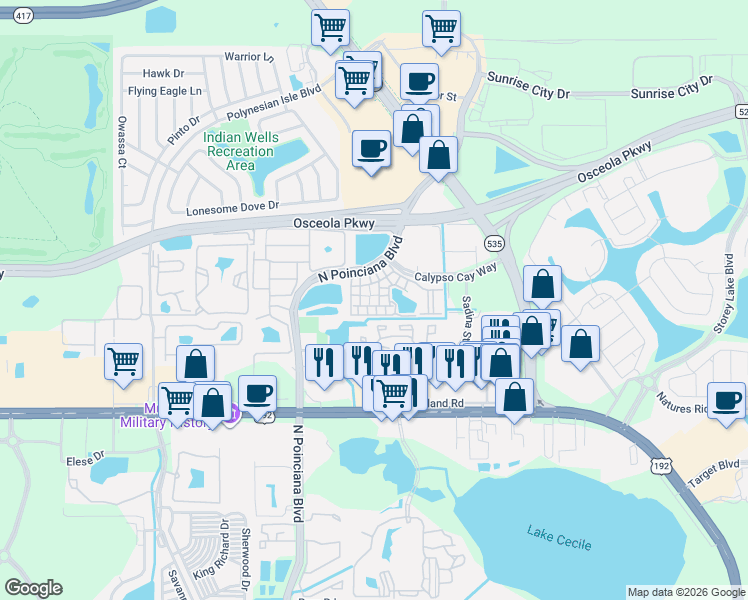 map of restaurants, bars, coffee shops, grocery stores, and more near 3002 Limbo Lane in Kissimmee