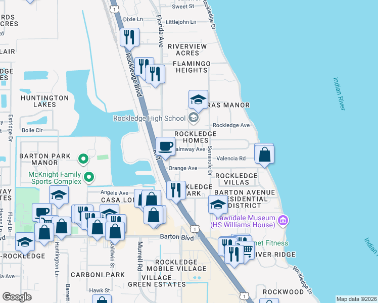 map of restaurants, bars, coffee shops, grocery stores, and more near 125 Valencia Road in Rockledge