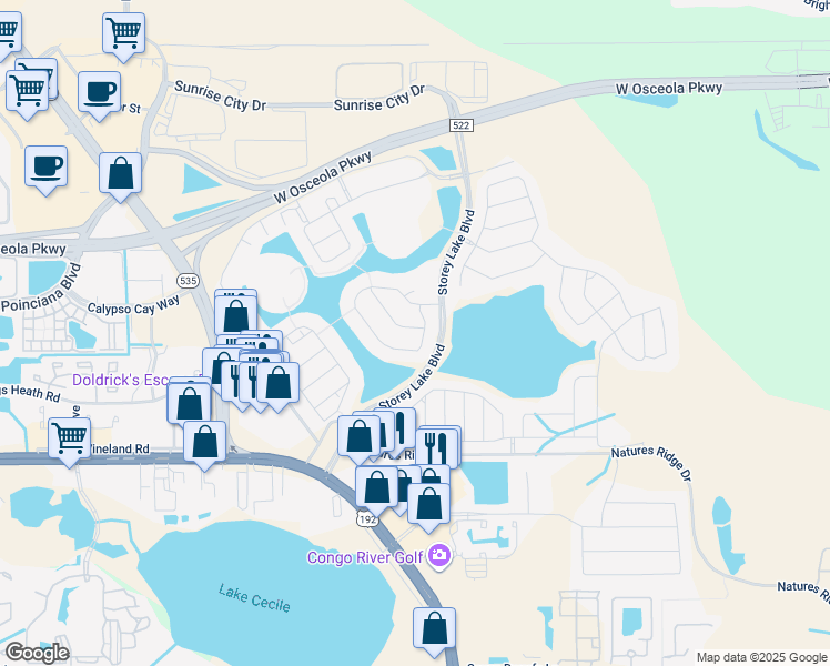 map of restaurants, bars, coffee shops, grocery stores, and more near 4807 Kings Castle Circle in Kissimmee