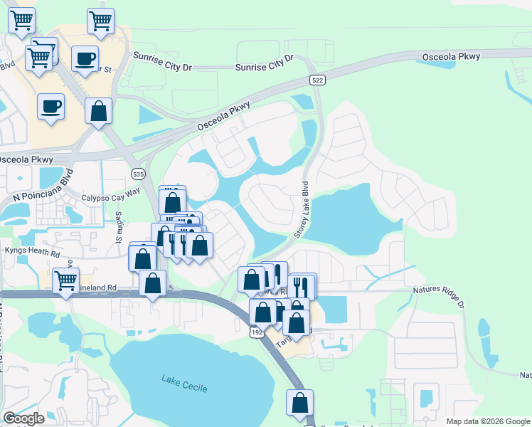 map of restaurants, bars, coffee shops, grocery stores, and more near 4787 Kings Castle Circle in Kissimmee