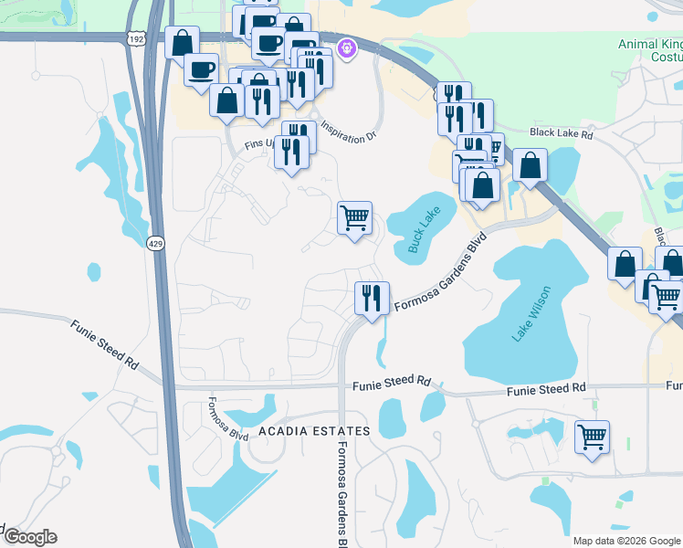 map of restaurants, bars, coffee shops, grocery stores, and more near 8036 Dreamsicle Drive in Kissimmee