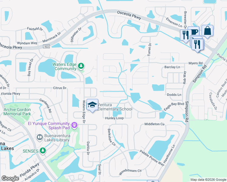 map of restaurants, bars, coffee shops, grocery stores, and more near 2515 Tanner Terrace in Buena Ventura Lakes
