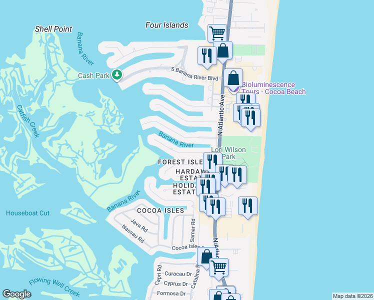 map of restaurants, bars, coffee shops, grocery stores, and more near 159 Antigua Drive in Cocoa Beach