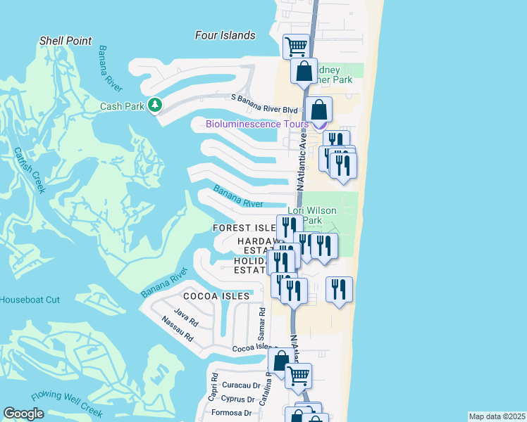 map of restaurants, bars, coffee shops, grocery stores, and more near 148 June Drive in Cocoa Beach
