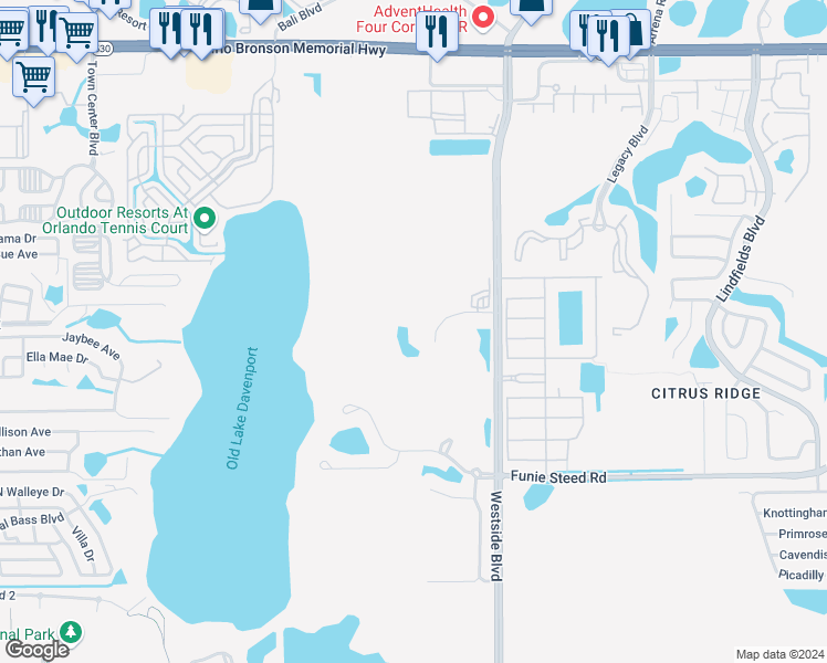 map of restaurants, bars, coffee shops, grocery stores, and more near 9055 Treasure Trove Lane in Kissimmee