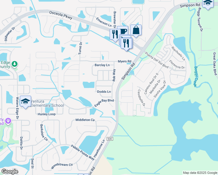 map of restaurants, bars, coffee shops, grocery stores, and more near 2746 Stanwood Drive in Kissimmee