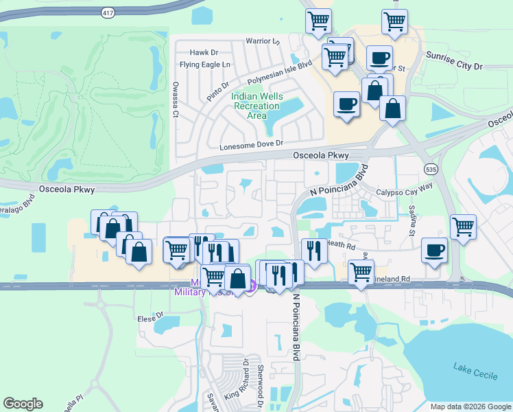 map of restaurants, bars, coffee shops, grocery stores, and more near 5279 Images Circle in Kissimmee