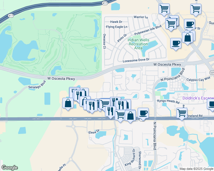 map of restaurants, bars, coffee shops, grocery stores, and more near 3050 Polynesian Isles Boulevard in Kissimmee