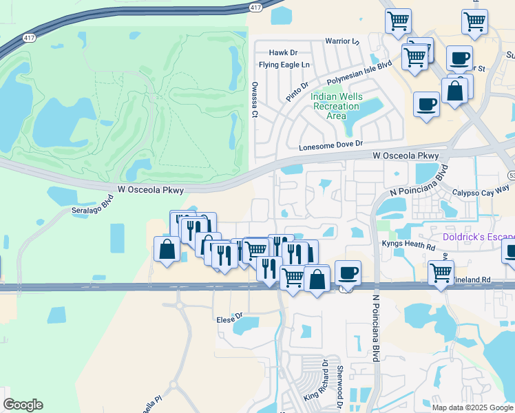 map of restaurants, bars, coffee shops, grocery stores, and more near 3050 Polynesian Isles Boulevard in Kissimmee