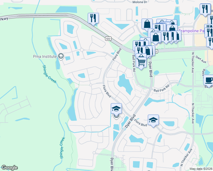 map of restaurants, bars, coffee shops, grocery stores, and more near 3126 Ashland Lane North in Kissimmee
