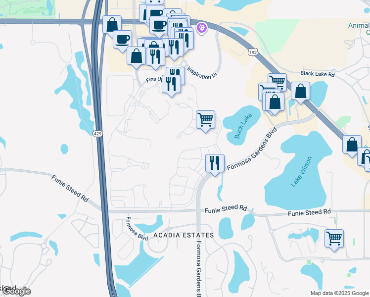 map of restaurants, bars, coffee shops, grocery stores, and more near 8081 Surf Street in Kissimmee