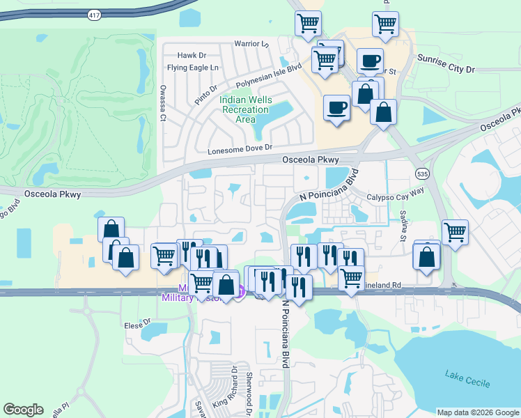 map of restaurants, bars, coffee shops, grocery stores, and more near 3105 Seaview Castle Drive in Kissimmee