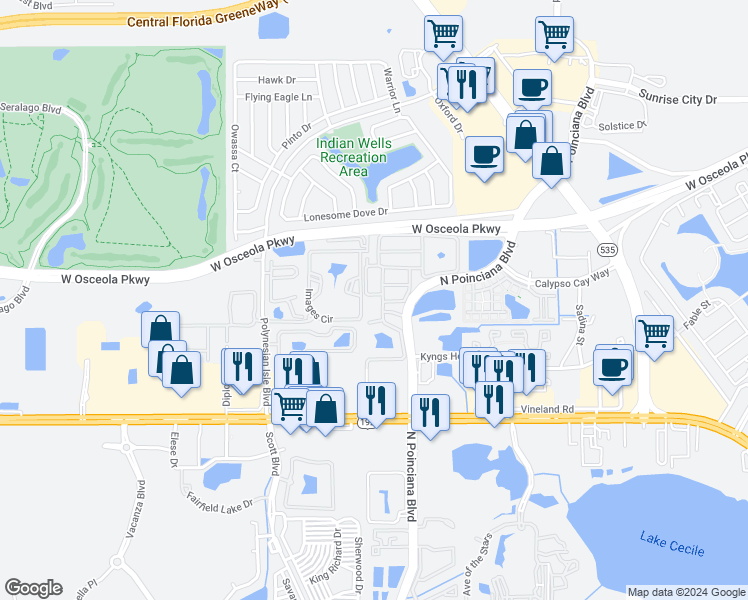 map of restaurants, bars, coffee shops, grocery stores, and more near 5160 Regatta Drive in Kissimmee