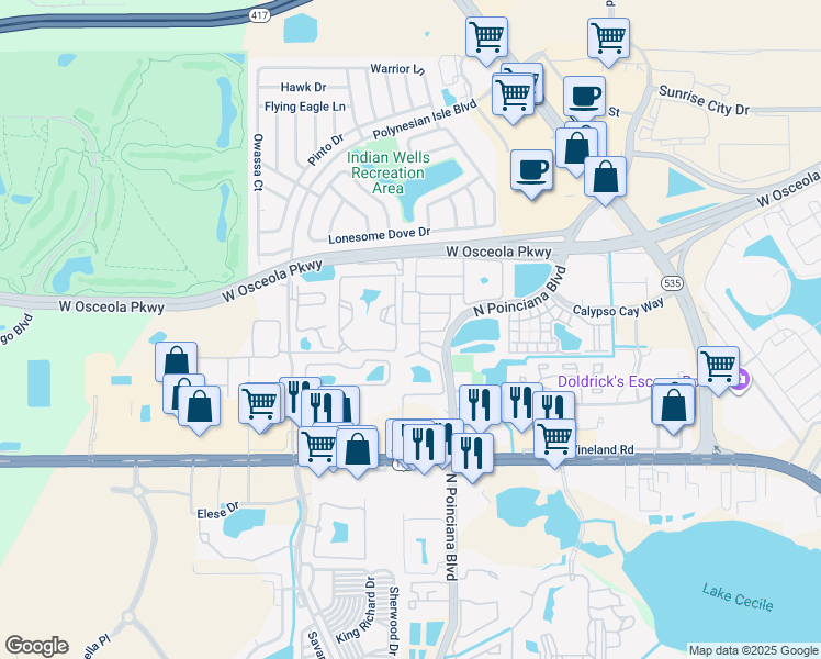 map of restaurants, bars, coffee shops, grocery stores, and more near 3105 Seaview Castle Drive in Kissimmee