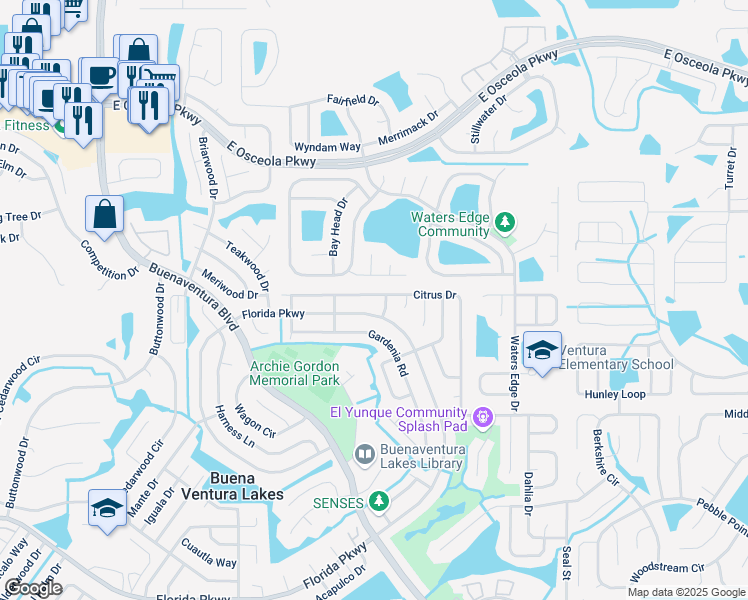 map of restaurants, bars, coffee shops, grocery stores, and more near 212 Old Bay Lane in Kissimmee